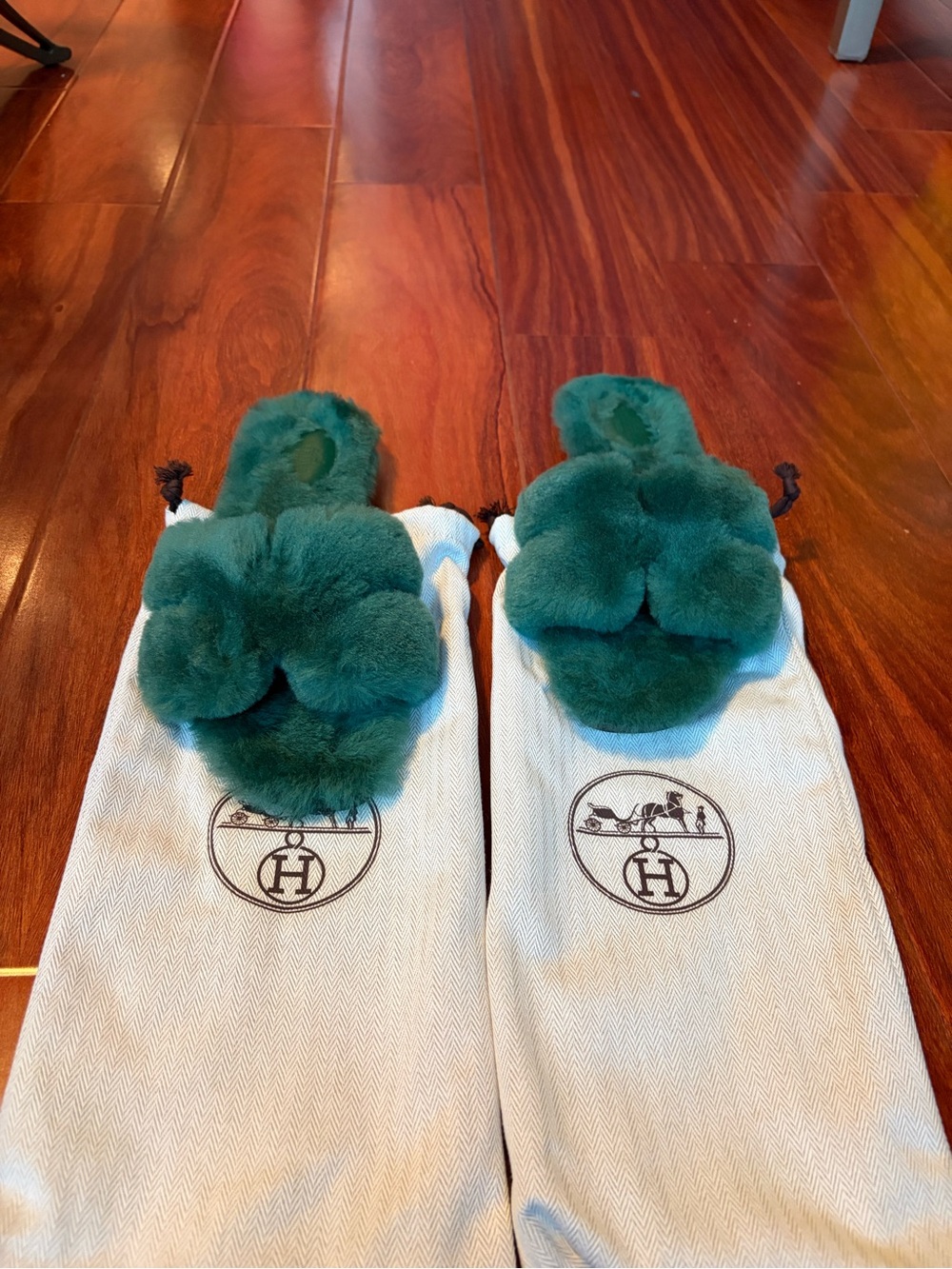 Hermes Oran Shearling Sandals-Deep Green.